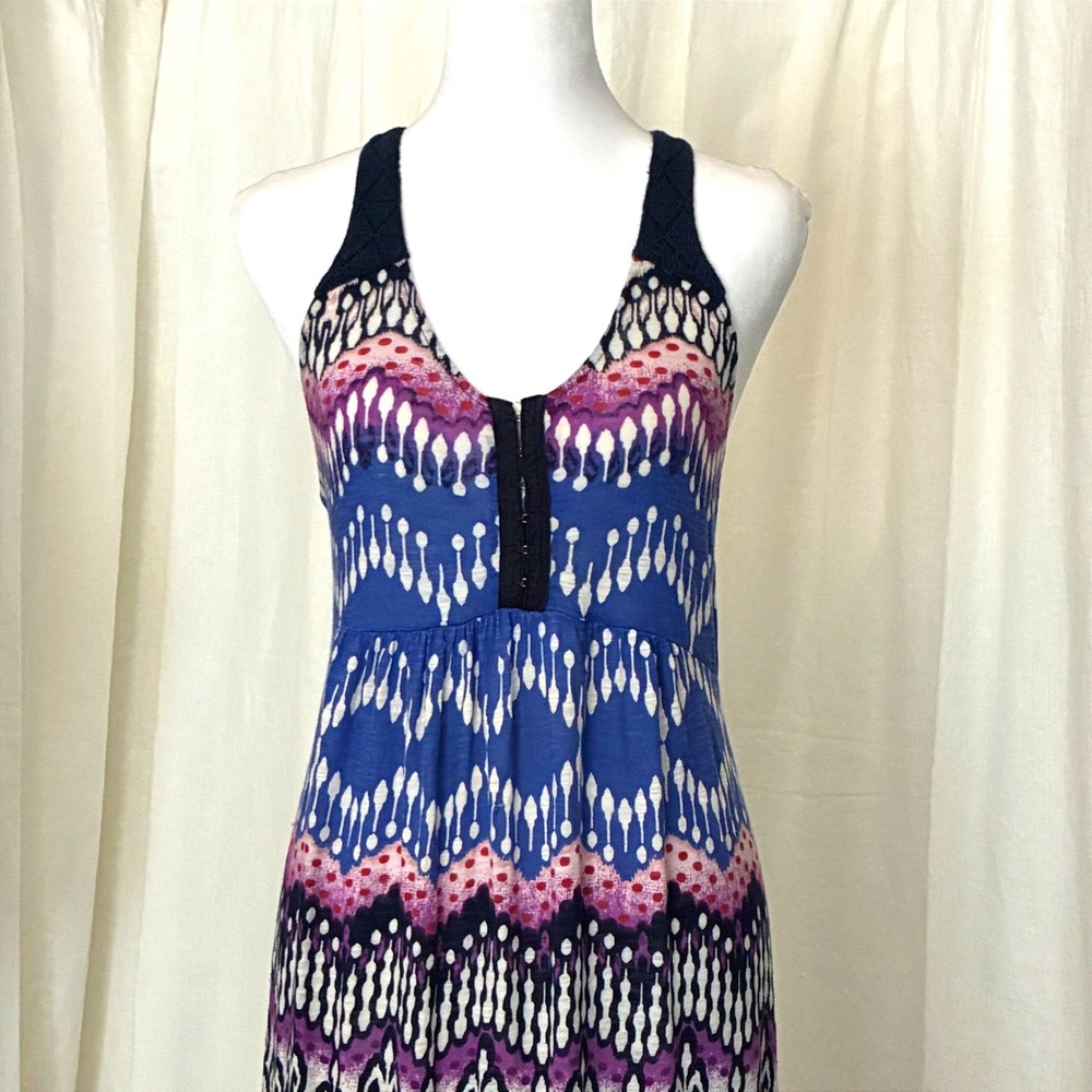 Lucky Brand Cotton Maxi Dress Blue Purple Ikat Boho Festival Indie Summer Small - Picture 5 of 11